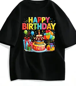 Women's 100% Cotton Casual Round Neck Short-Sleeve Happy Birthday Cake Print Top, Colorful Fabric T-Shirt
