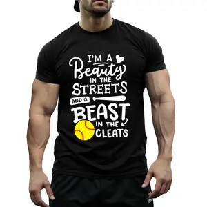Softball Player Graphic T-Shirt, 100 Cotton, Black Short Sleeve Crew Neck Tee with I'm a Beauty in the Streets and a Beast in the Cleats Print