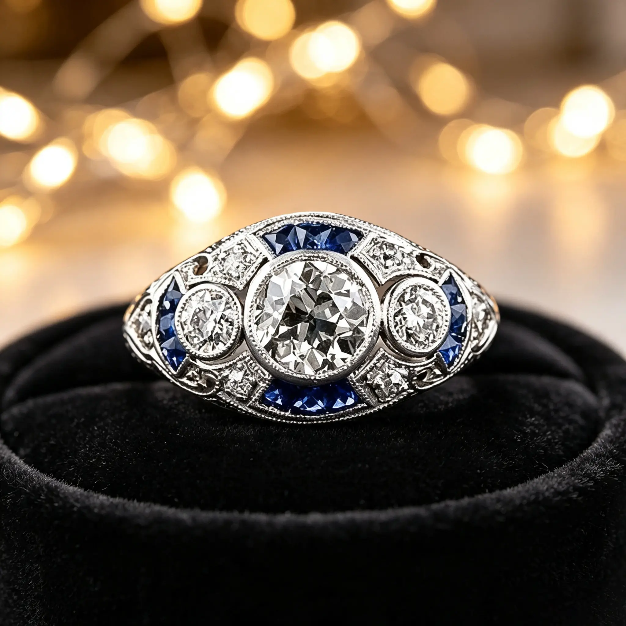 Victorian-style vintage court-inspired women's ring, set with clear and deep blue synthetic cubic zirconia. An elegant evening ring featuring an openwork, carved design and beaded edging—the perfect gift for birthdays and anniversaries.