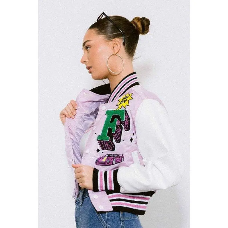 Lavender Varsity Jacket - New Season Button Cropped Fabric Leather