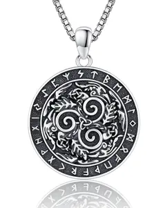 DRINSPER S925 Triskele-Horns of Odin Pendant Necklace, 925 Sterling Silver Pendant,  Viking Triskelion & Runes Design Pendant Necklace, Norse Mythology Jewelry