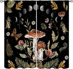 Mushroom Curtains, Vintage Wild Flower Gothic Witchy Moonlit Forest Plant Pattern Print Window Treatment for Kitchen Living Room Bedroom Dinning Room Drapes, 42x45 Inch（No Blackout）