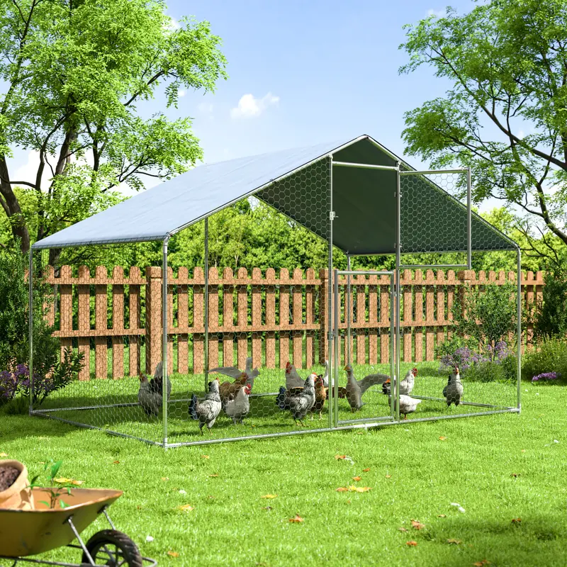 DAKITO Large Metal Chicken Run Pen,Walk in Chicken Coops for 6/20 Chickens,Double Door Chicken House with Waterproof & Anti-UV Cover for Backyard.