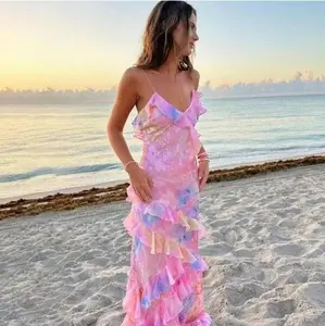 Boho Floral Ruffle Backless Cami Maxi Dress, Flowy V Neck Sleeveless Summer Beach Dress for Vacation, Casual Elegant Ladies Sundress #SummerDress #BeachDress #MaxiDress #FloralDress #BacklessDress #VacationOutfit #BohoDress #Sundress
