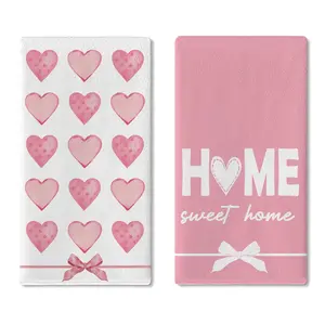 Valentines Day Pink Kitchen Dish Towels Set of 2, Love Heart Coquette Bow Drying Hand Towel Baking Cooking Cloth, Home Sweet Home Anniversary Wedding Bathroom Decoration 18'' x 26''