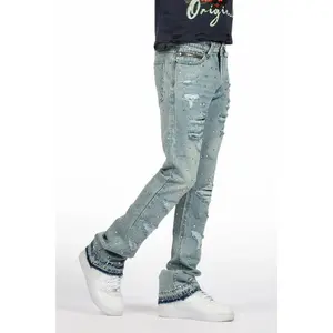 Stunt Blue Rhinestone Stacked Flare Jean