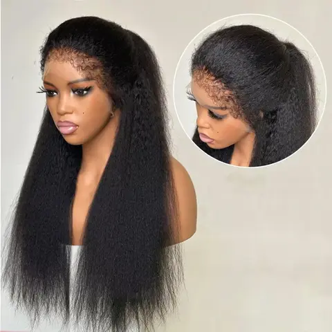 4C Edges Kinky Straight Wig 13x6 HD Lace Frontal Wig Yaki Straight Human Hair Wigs Natural Curly Baby Hair Around Pre Plucked Natural Hairline 200% Lace Front Wigs on Sale