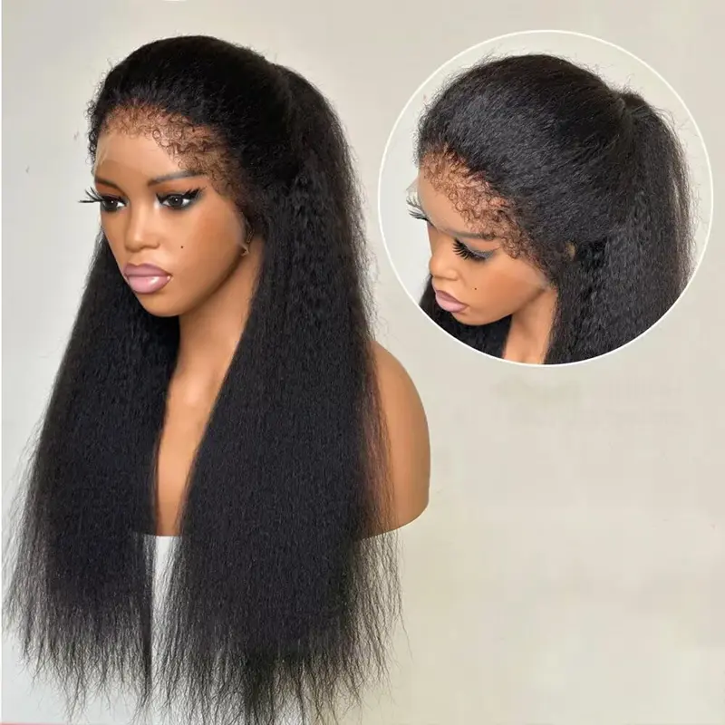 4C Edges Kinky Straight Wig 13x6 HD Lace Frontal Wig Yaki Straight Human Hair Wigs Natural Curly Baby Hair Around Pre Plucked Natural Hairline 200% Lace Front Wigs on Sale