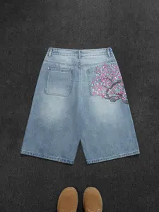 Light Blue Washed Denim Shorts, Retro Floral Embroidered Jeans, Men's Fashion Knee-Length Pants, Loose Fit, Casual Outdoor Wear