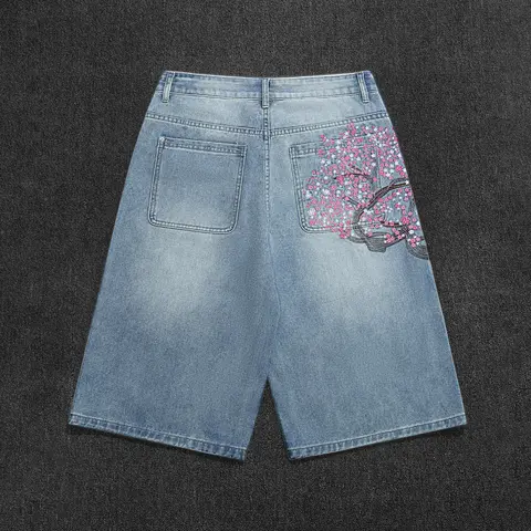 Men's Bermuda Shorts, Light Blue Washed Jeans, Retro Floral Embroidery, Loose-Fit, Knee-Length, Casual Outdoor Wear, Ideal for Leisure, Streetwear