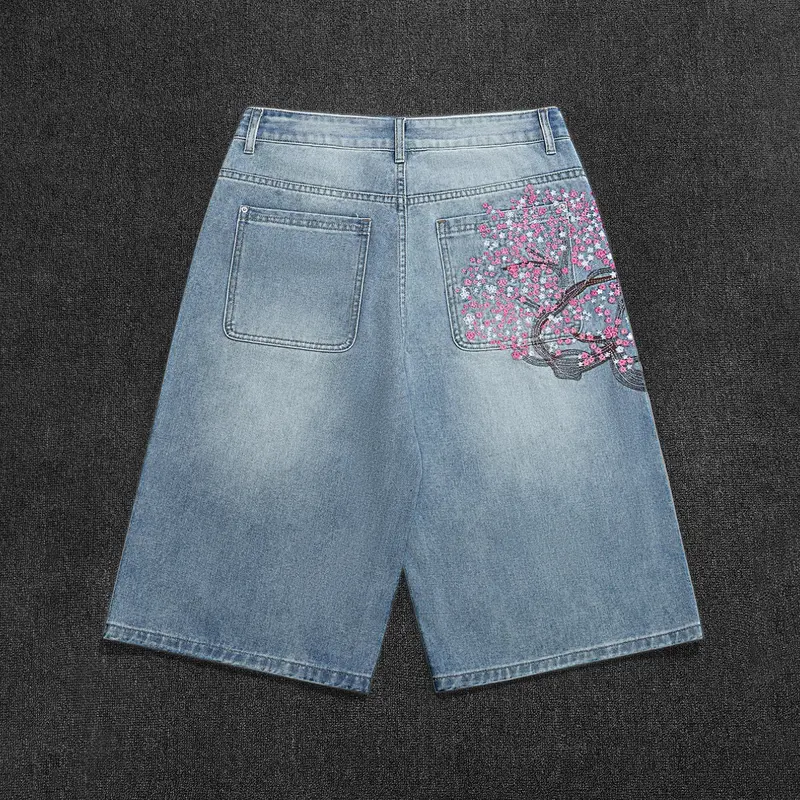 Men's Bermuda Shorts, Light Blue Washed Jeans, Retro Floral Embroidery, Loose-Fit, Knee-Length, Casual Outdoor Wear, Ideal for Leisure, Streetwear