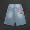 Men's Bermuda Shorts, Light Blue Washed Jeans, Retro Floral Embroidery, Loose-Fit, Knee-Length, Casual Outdoor Wear, Ideal for Leisure, Streetwear