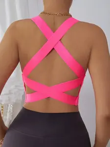 Women's Hot Pink Criss Cross Back High Stretch Sports Bra Casual Colorblock Fabric Seamless Wireless Everyday Wear - Womenswear