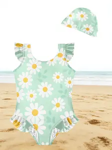 Girls' Mint Daisy Swimsuit with Matching Cap, Casual Sleeveless Fitted Swimwear, All over Print Asymmetrical Design