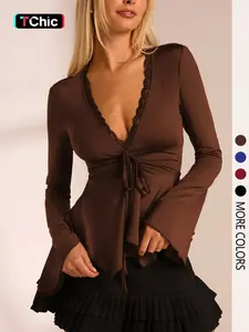 Women's street style slim V-neck long-sleeved bohemian style tie-front sexy top Blouse with lace patchwork design, fashionable, casual and sexy women's clothing for spring and autumn.