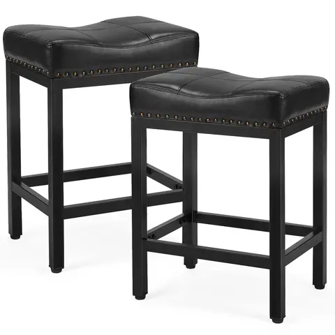 Sweetcrispy 2-Pack Backless Barstools, 24-Inch Island-Ready Height Black PU Leather Saddle Armless Accent Chairs, Upholstered Single Seat with Stable A-Frame Metal Square Legs, Footrest, Assembly Required for Kitchen Island