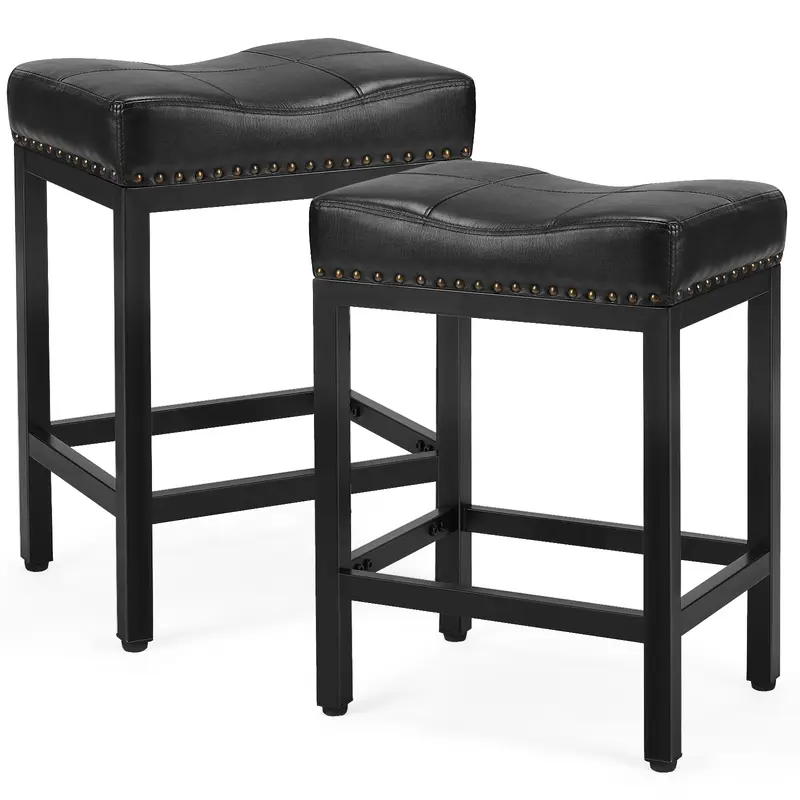Sweetcrispy 2-Pack Backless Barstools, 24-Inch Island-Ready Height Black PU Leather Saddle Armless Accent Chairs, Upholstered Single Seat with Stable A-Frame Metal Square Legs, Footrest, Assembly Required for Kitchen Island