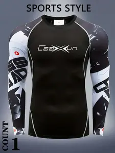 Men's Sportswear with Bull Head Logo, Street Style Geometric Tight Fit, Elastic Quick-Dry Compression Long Sleeve T-Shirt, Outdoor Basketball Training