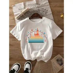 Women'S Casual Castle Graphic T-Shirt - Short Sleeve Crew Neck, Light Yellow with Colorful Castle Design, Perfect for Spring & Summer, Casual Wear Tee |   Playful Print Top |   Comfortable Fit, Ladies T Shirts