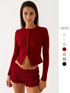 Women's Solid Color Round Neck Button Crop Sweater Cardigan, Casual Long Sleeve Crop Cardigan for Daily Wear, Ladies Knitwear for All Seasons, Tops