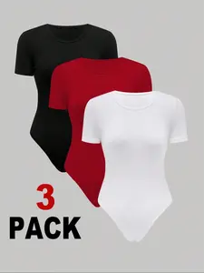 Women's Solid Round Neck Bodysuit, Casual Short Sleeve Bodysuit for Daily Wear, Ladies Clothes for All Seasons