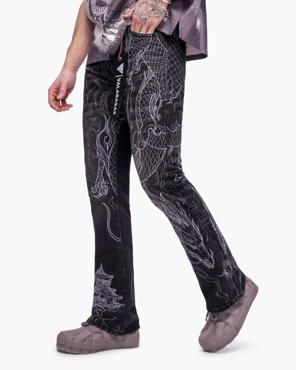 Men's Vintage Black Stacked Denim Pants - Menswear, Streetwear Style, Bold Serpent Vibe, Sneakers-Friendly Bottoms, Worn‑In Vintage