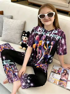 New 3D Printed K-Pop Demon Hunter Y2K Kids Streetwear Set, Glitter Print T-Shirt Bell Bottom Pants Two Piece, Birthday Party