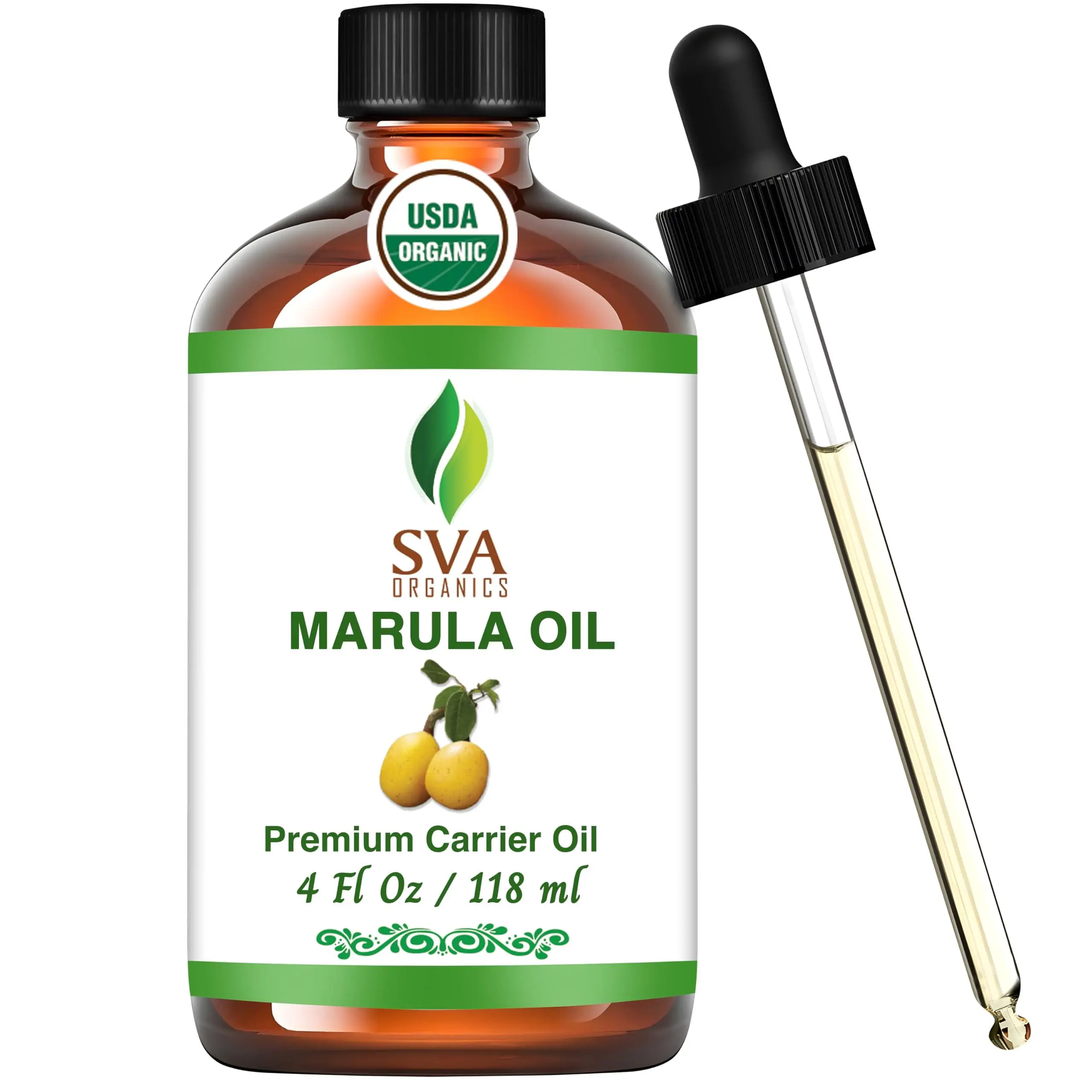 SVA ORGANICS Organic Marula Seed Oil - 4 Fl Oz Cold-Pressed Virgin Unrefined Cosmetic Carrier Oil with Dropper, Nourishing Hydrating Body Care Selfcare Moisturizer for Face, Skin, Body, Body Oil Moisture
