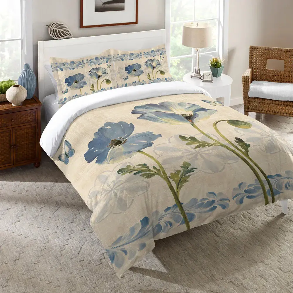 Indigo Watercolor Poppies Comforter