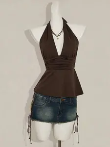 ARTYOTI Y2k Women's Going Out Boho Brown Halter Backless Babydoll Tank Top Spring To Summer