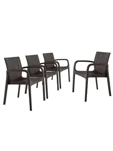 212 MAIN 24 in. Brown Faux Rattan Heavy Duty Plastic Outdoor Stackable Arm Chairs with Arms and Solid Back - Set of 4
