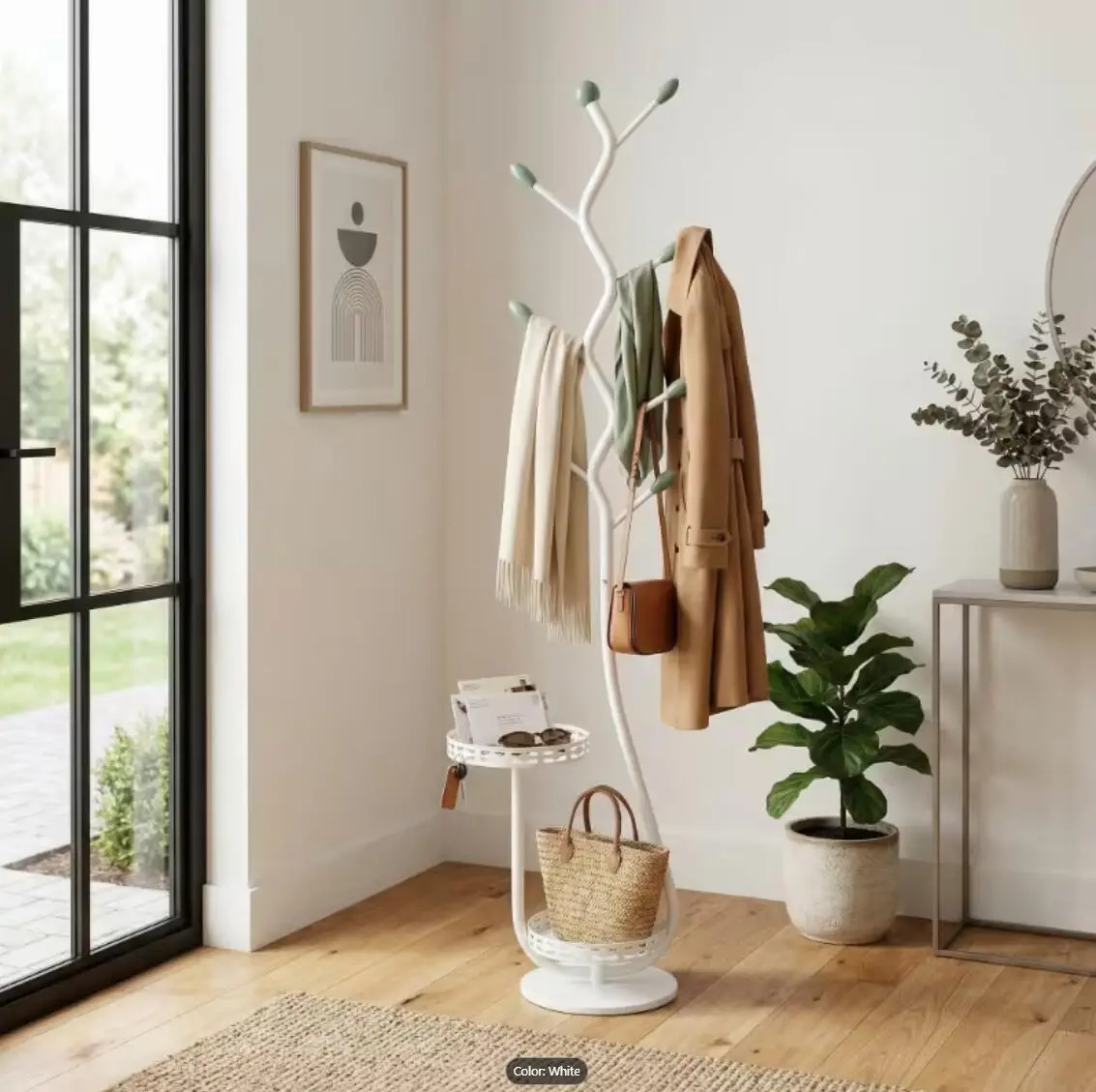 Modern Coat Rack with Storage Tray, White & Gold Clothes Tree Stand, Space Saving Organizer for Entryway, Bedroom & Dorm