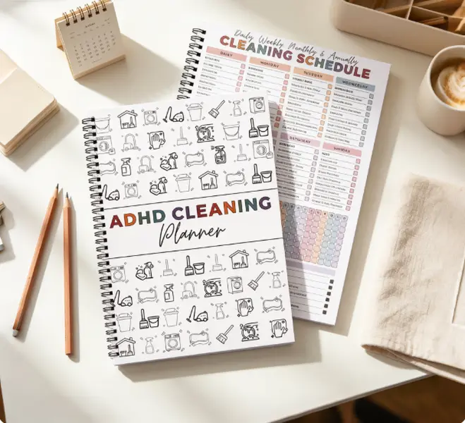 ADHD Cleaning Spiral Notebook for Adults - High-Quality Printing, Vibrant Theme, Visual Guide, Home Management Tool with Daily, Weekly, Monthly & Annual Schedules, Chore Checklists, Routine Trackers for Bedroom, Kitchen