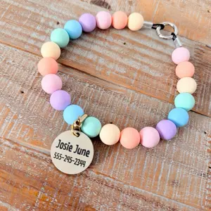 Name ID tag on a Pastel Rainbow Bead Dog Necklace, Silicone Beads durable wire hold with ring clasp