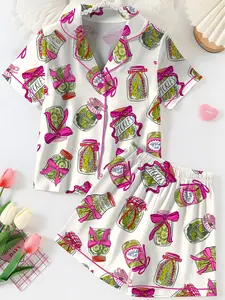 Pickle Bowtie Satin Pajamas Set, Women’s Pickle Lover Pink Bows Pajama Set, Sleepwear Gifts Nightwear Pajama Satin Long Pants, Gift For Her