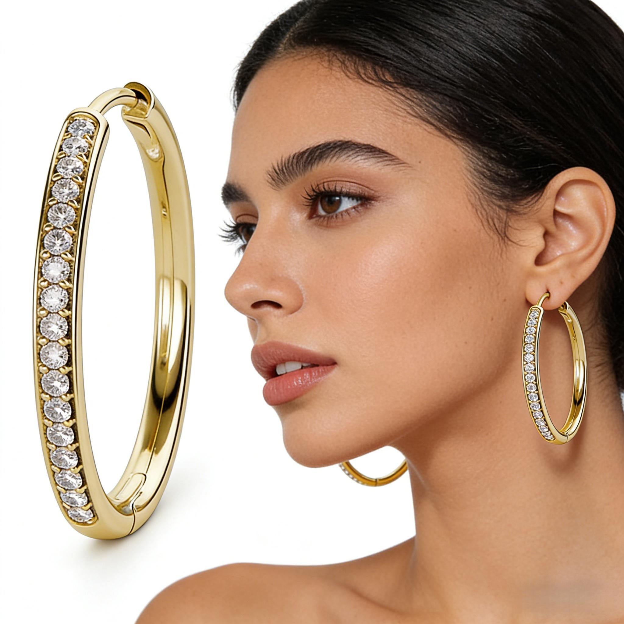 USA Bianca 14k Gold Plated on Brass Hoop Earrings with 5A+ Cubic zirconia, 30mm and 20mm Diameter, Hypoallergenic Lead & Nickel Free