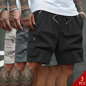 LIFE KEEPS MOVING Men’s solid-color cargo shorts with zipper pockets, 3-piece set; regular fit, casual, breathable, comfortable outdoor wear; men’s summer shorts with pockets