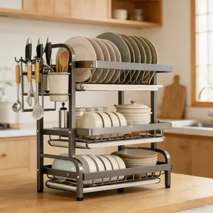 Three-Tier Kitchen Dish Rack, Quick Draining, with Utensil Holder and Cutting Board Holder, Keeps Countertops Dry - Multi-Functional Dish Organizer, Utensil Rack | Metal Material | Durable Kitchenware, Kitchen Storage Organizer drain
