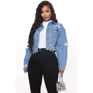 Fashion Ripped Denim Jacket Women's 2024 New Fashion Torn Hole Solid Color Denim Jacket Women Coats
