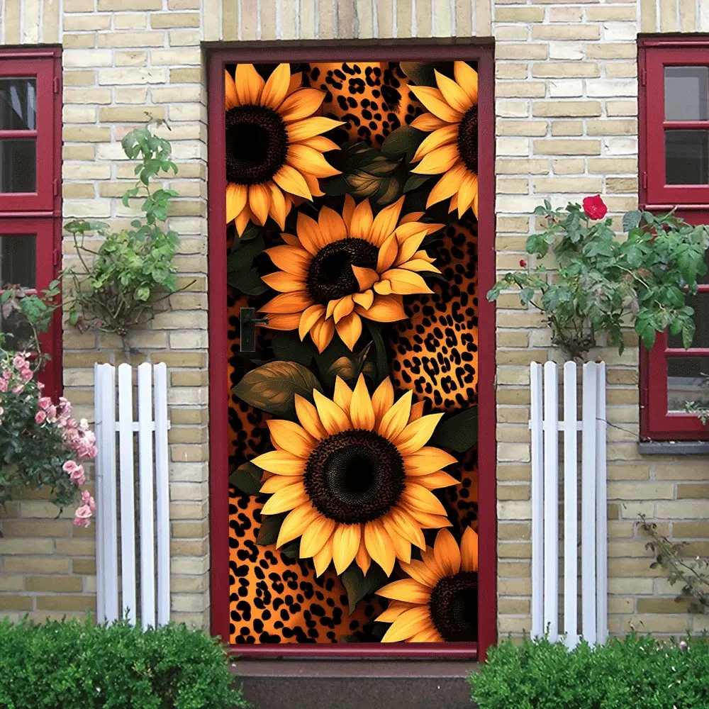 2pcs Sunflower Leopard Print Wall Stickers Removable Self Adhesive Cartoon Flower Decals for Living Room Bedroom Kids Room Home Decor Sunflower Leopard Print Wall Stickers Removable Self Adhesive Home