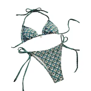 Women's Tropical Coconut Tree Print Bikinis Set, Halter Triangle Swim Bra & Knot Side Swim Panty