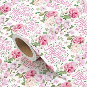 Wrapaholic Mother's Day Theme Wrapping Paper | White Background with Pink Rose Flowers and "Happy Mother's Day" Typography for Mother's Day Gift Wrap, Women's Birthdays, Spring Party and Appreciation Gifts - 43 cm x 500 cm (17 inches x 16.4 feet)
