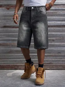 Men's Casual Loose Wide Leg Denim Jeans Shorts, Street Style Streetwear Pocket Design, All Seasons, Trendy Straight Fit, Comfortable Daily Wear