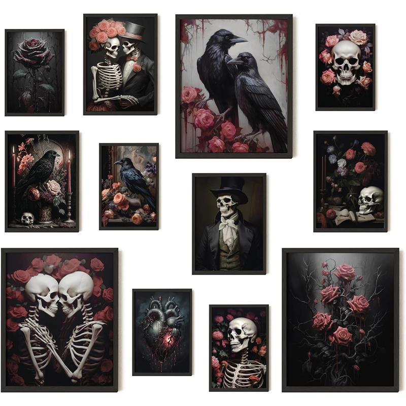 Romantic Gothic Wall Art - Goth Wall Decor, Floral Gothic Decor For Bedroom, Goth Wall Art Prints, Dark Raven Skull Poster, Moody Halloween Decor Aesthetic Picture for Home (8x10 Unframed)