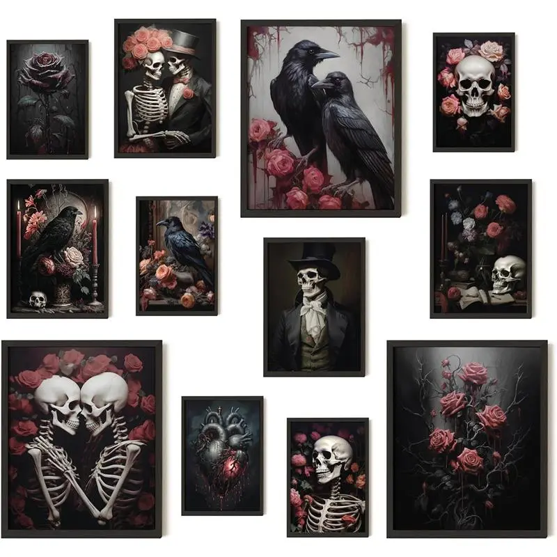 Romantic Gothic Wall Art - Goth Wall Decor, Floral Gothic Decor For Bedroom, Goth Wall Art Prints, Dark Raven Skull Poster, Moody Halloween Decor Aesthetic Picture for Home (8x10 Unframed)
