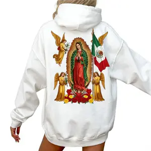 [Made in USA] Our Lady Of Guadalupe Hoodie, Catholic Virgin Of Guadalupe Graphic Pullover Hoodie, Mexican Flag Angel Rose Religious Design, Christian Church Outfit, Faith Gift For Women Men.