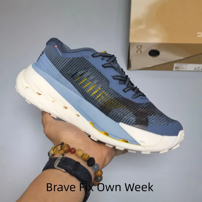 Hollow Rocker Cushion All-Terrain Trail Running Sneakers, Breathable Light Mesh Dark Navy Sky Blue Yellow Multi-Tone Unisex Trainers, Deep Lug Anti-Slip Rugged Outsole, Ideal for Cross-Country Trail Jogging & Cool Vintage Outdoor Outfits
