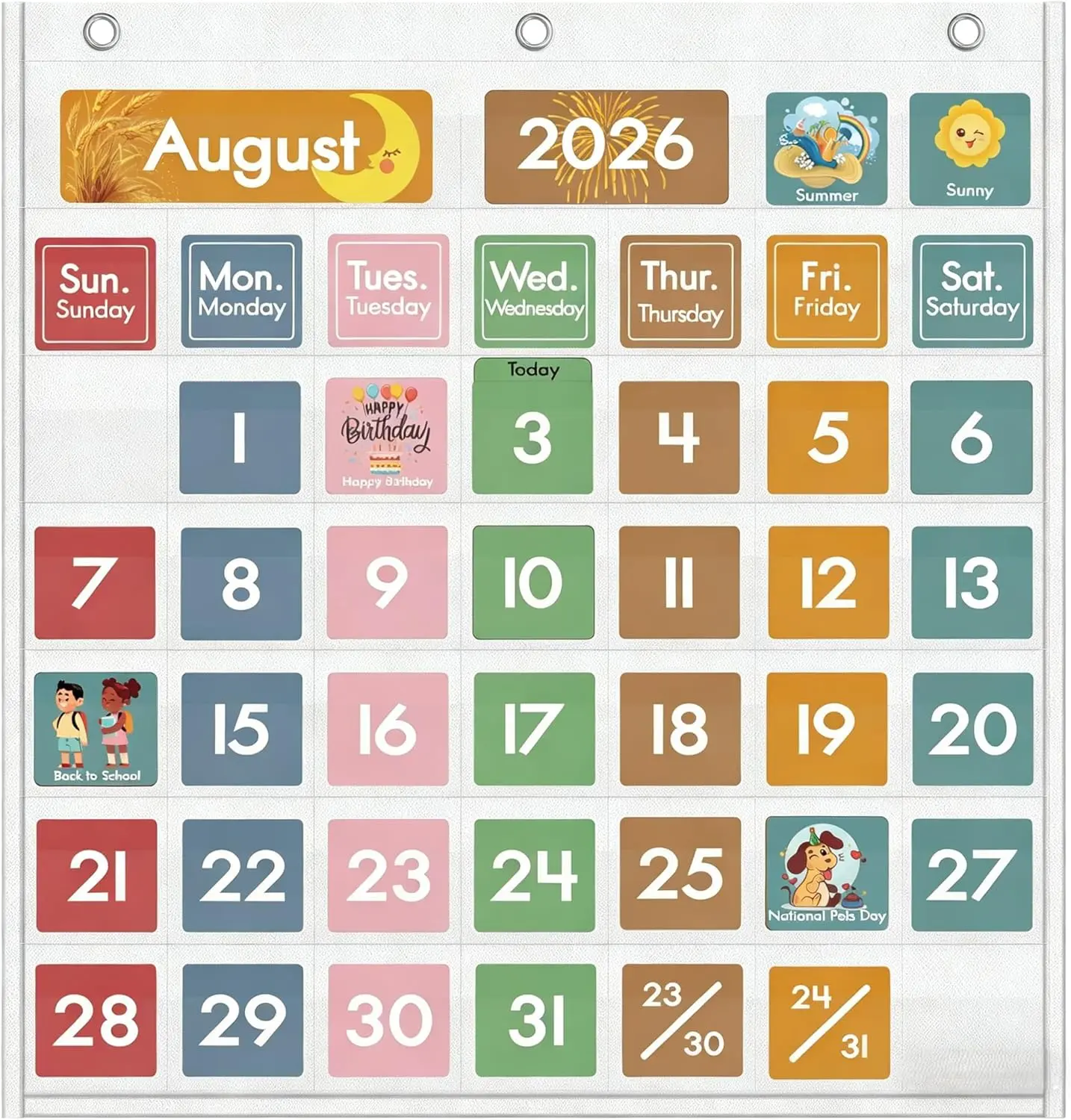 【Yoink】46 Pockets Classroom Calendar Pocket Chart with 77 Cards Daily Monthly Learning for Circle Time Weather Seasons Preschool Kindergarten Homeschool Must Have Teacher Essential Supplies White 25" x 25" Space Saving Design things planner