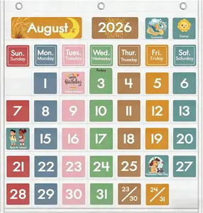 46 Pockets Classroom Calendar Pocket Chart with 77 Cards Daily Monthly Learning for Circle Time Weather Seasons Preschool Kindergarten Homeschool Must Have Teacher Essential Supplies White 25" x 25" Space Saving Design things planner
