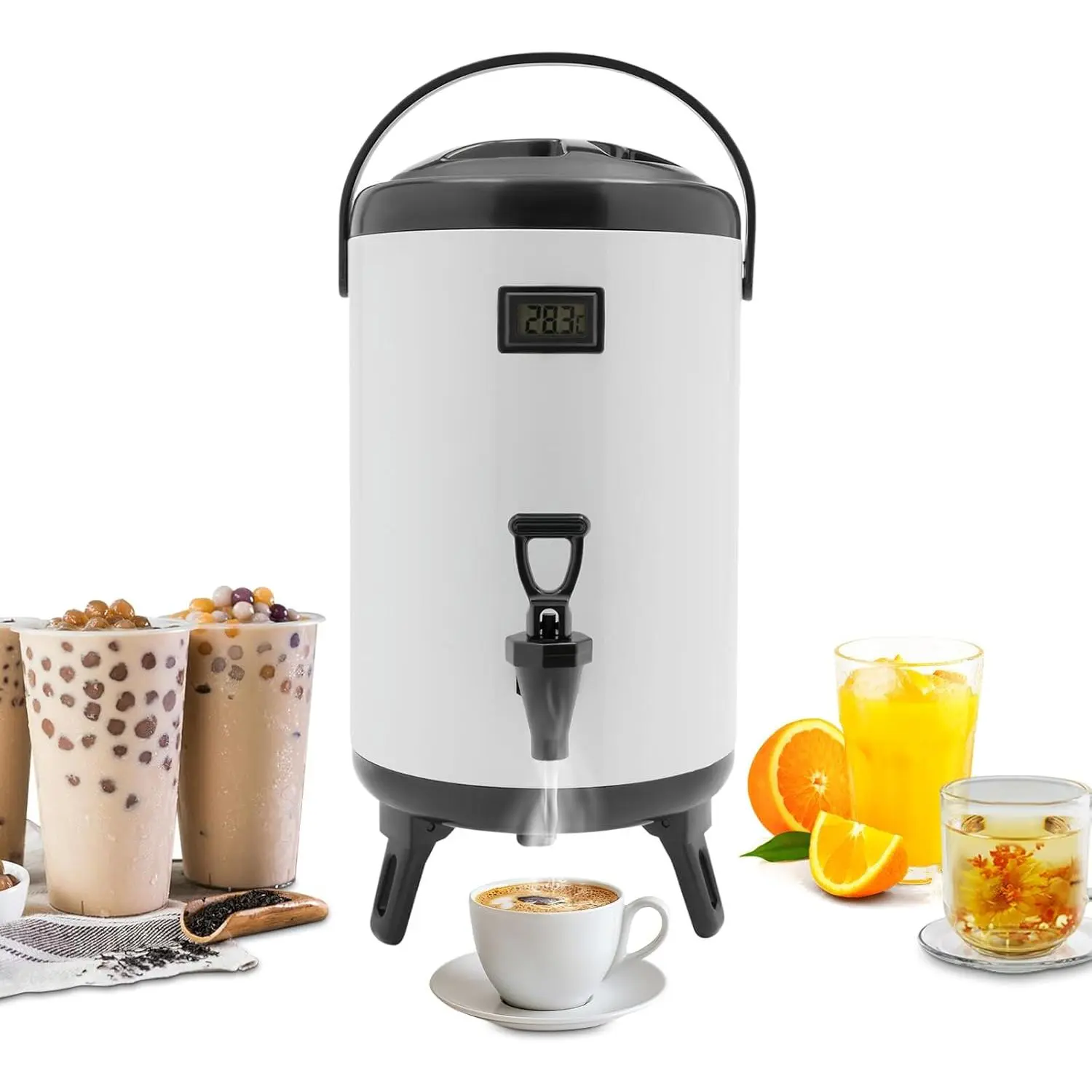 Insulated Beverage Dispenser, 8L/10L/12L Thermal Hot and Cold Beverage Dispenser, Stainless Steel Insulated Hot Drink Dispenser with Spigot and Thermometer for Coffee&Tea,Milk,Water,Juice (White)